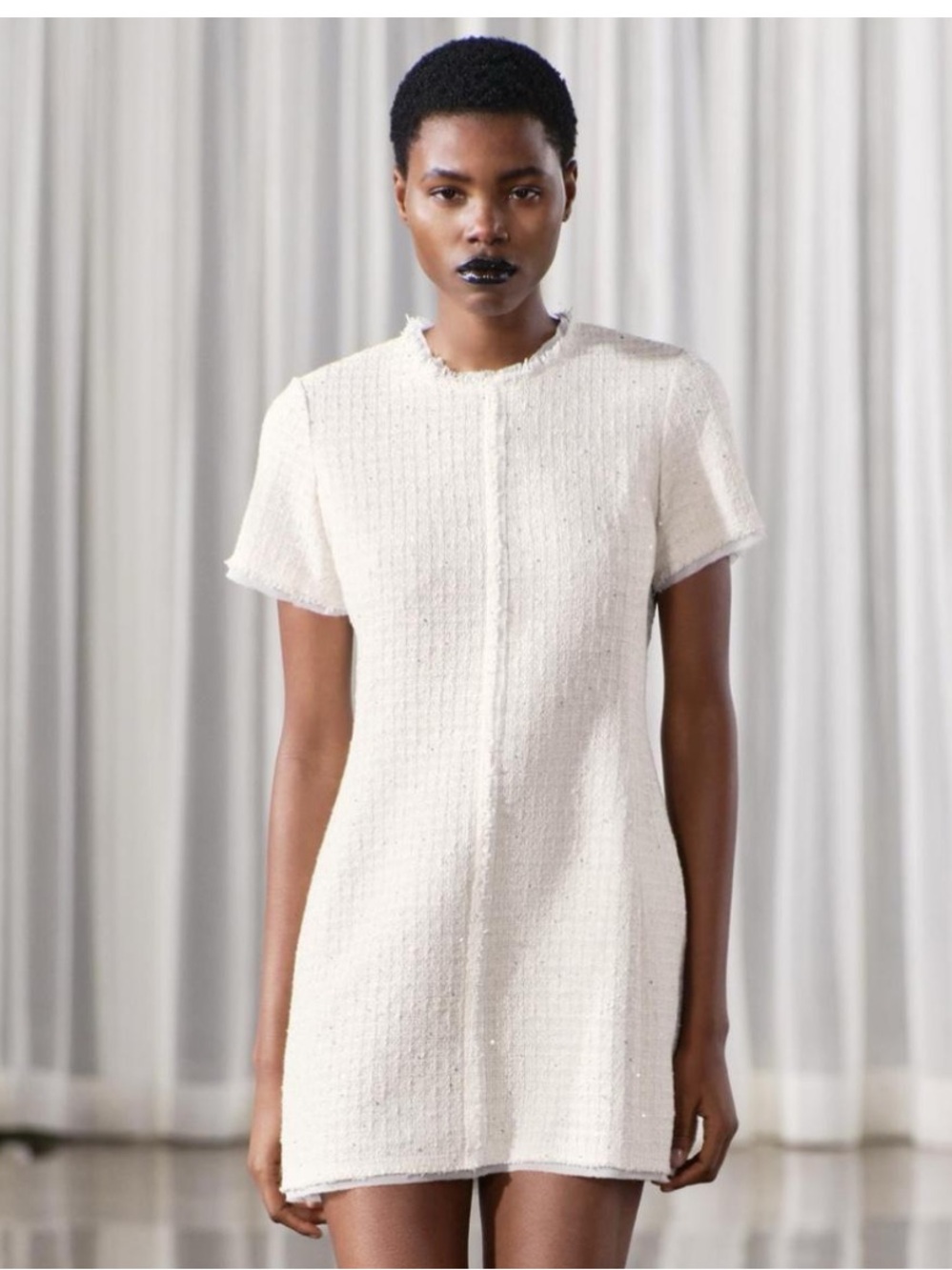 Zara Cream Tweed Short-Sleeve Mini Dress